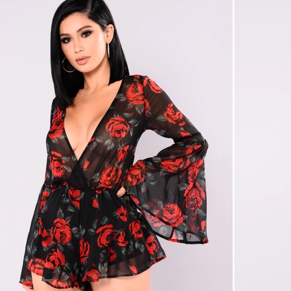 Fashion Nova Sheer Black and Pink Floral Romper - Picture 4 of 16